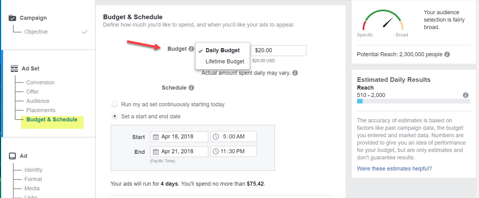 By setting a fixed daily budget, you’ll avoid overspending and ensure optimal ad delivery throughout your campaign