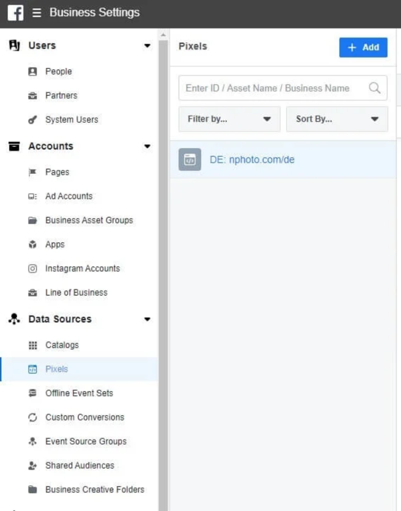 Navigate to the Business Manager, click on the "Business Settings" section, and then search for "Pixels"